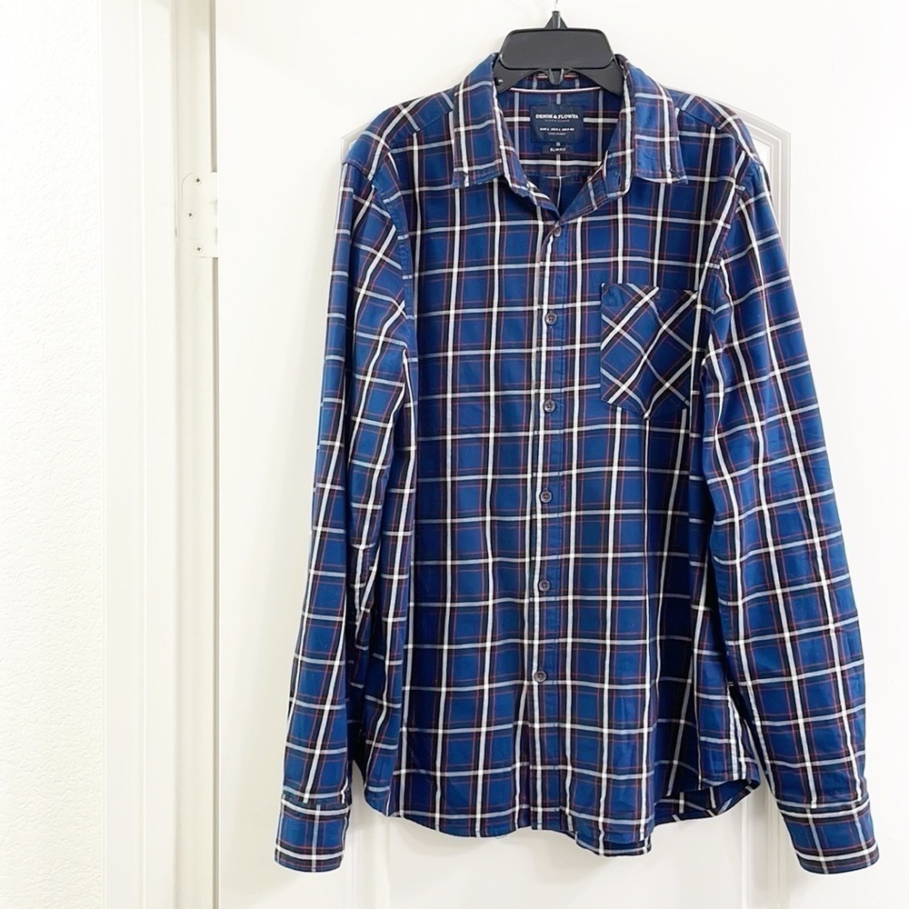 Denim & Flower blue plaid long sleeve button down flannel shirt